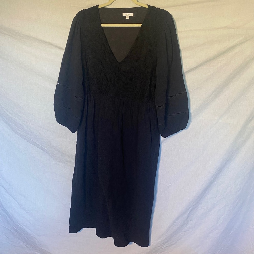 Calme Johnny Was Black Organic Cotton Gauze Embroidered‎ Midi Dress Womens M